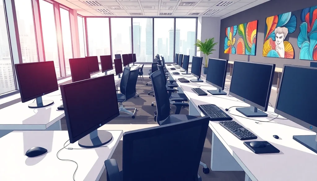 Efficient typing center showcasing organized workspaces and advanced technology for clients.