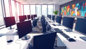 Efficient typing center showcasing organized workspaces and advanced technology for clients.