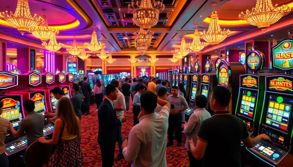 Pemain mengalami slot deposit pulsa tanpa potongan di lingkungan kasino yang meriah dengan mesin slot yang menarik.