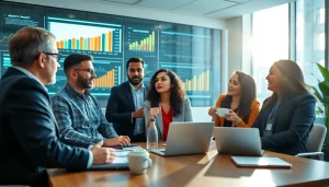 Analyze growth strategy trends with a diverse team in a modern office setting.