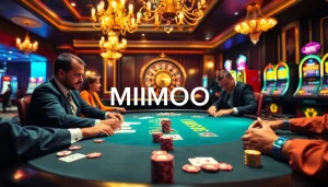 Engaged players strategize in a high-stakes poker game featuring MMOO-themed chips and cards.