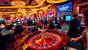 Experience the thrilling atmosphere of SODO Casino with players engaging at a roulette wheel and poker tables.