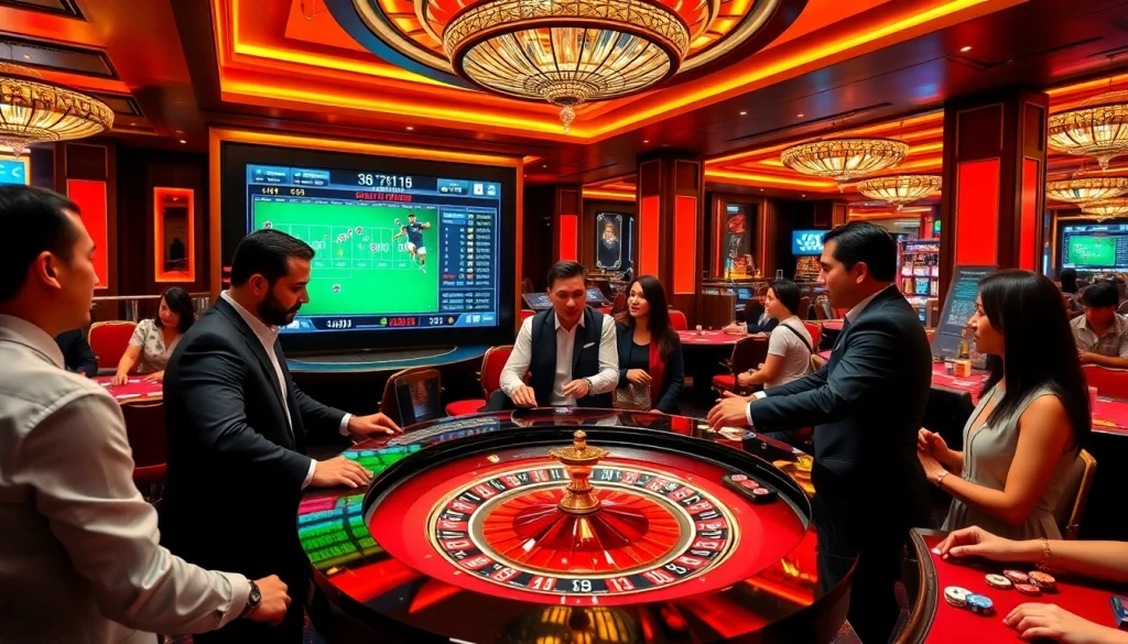 Experience high-stakes excitement with say88 com at a luxurious casino, showcasing vibrant roulette and poker games.