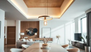 Sleek illumination featured in an elegant pendant light, enhancing a modern dining room.