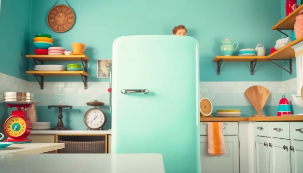 Brightly colored retro appliance showcased in a vintage kitchen setting with nostalgic decor.