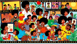 A lively collage featuring popular African American Cartoons like 'The Proud Family' and 'Afro Samurai'.