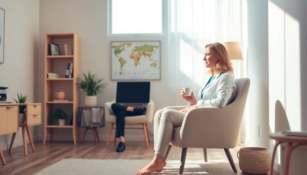 Visual representation of anxiety symptoms in a tranquil therapy environment fostering relaxation and connection.