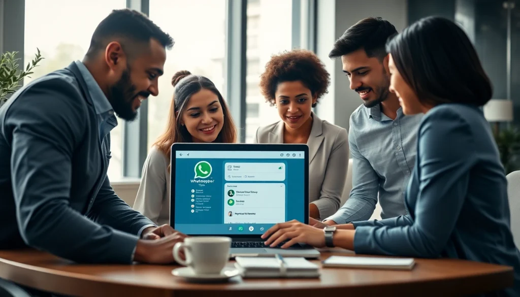 Team analyzing the WhatsApp Business CRM platform in a contemporary office setting