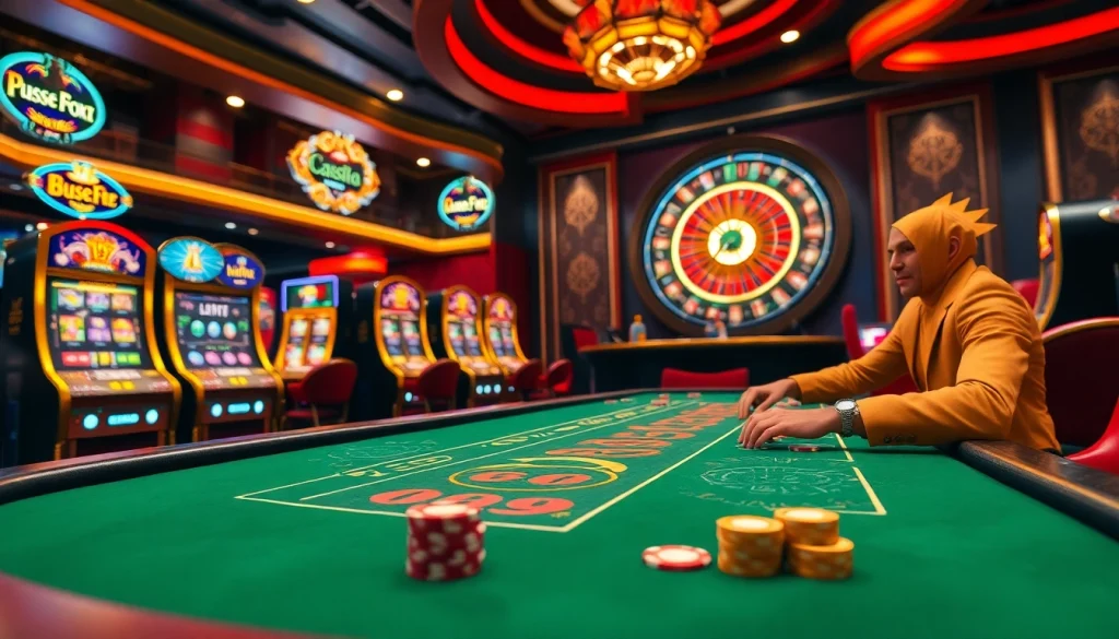 High-stakes players enjoying pg soft games at a luxurious casino with vibrant slot machines.