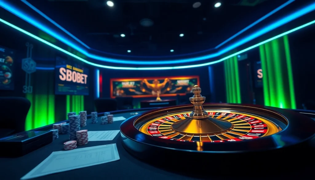 Interactive betting table featuring sbobet link alternatif with poker chips and roulette wheels.