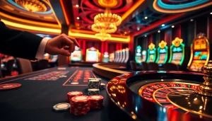 Scène excitante du meilleur casino en ligne 2026 avec des jetons de poker vibrants et des roues de roulette.