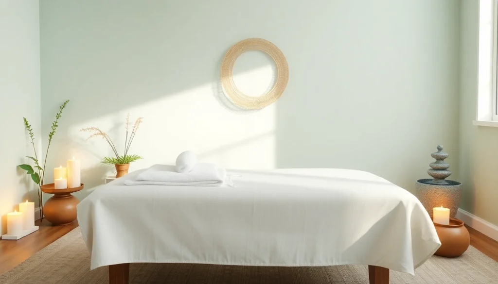 편안한 분위기와 부드러운 조명이 있는 이완 마사지 치료실 설정.