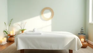 편안한 분위기와 부드러운 조명이 있는 이완 마사지 치료실 설정.