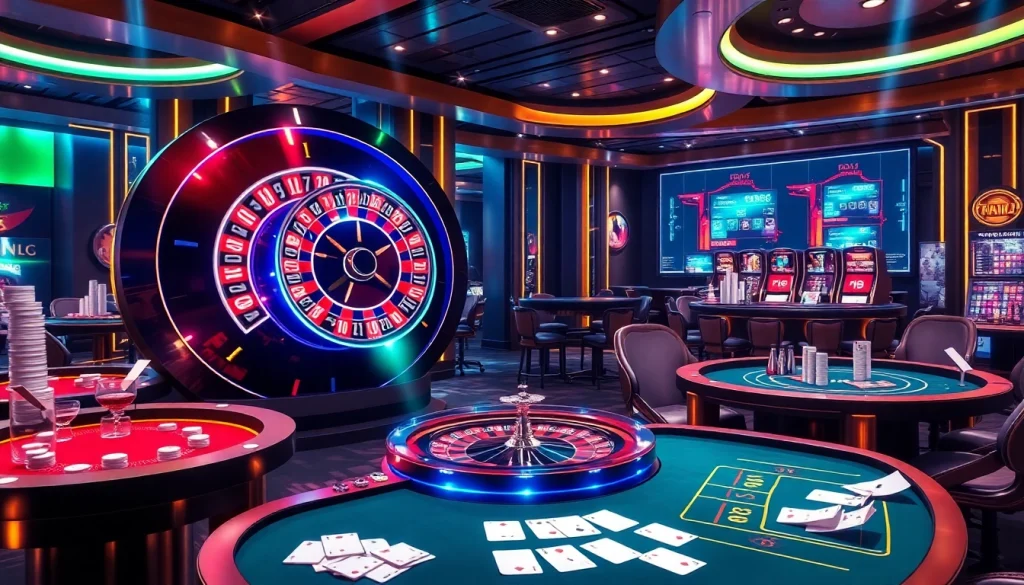 L'expérience immersive du meilleur casino en ligne 2026 avec une roue de roulette dynamique, des jetons de poker et des tables.