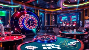 L'expérience immersive du meilleur casino en ligne 2026 avec une roue de roulette dynamique, des jetons de poker et des tables.