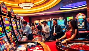 Experience the excitement of slot online hari ini with vibrant slot machines and lively gamblers.