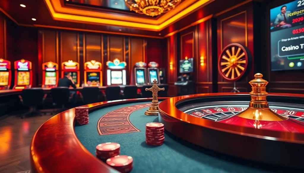 Découvrez l'excitation du casino en ligne Français avec une table de poker animée et des machines à sous qui brillent.