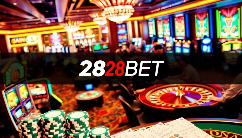 Experience the excitement of 28BET with players at the casino tables and vibrant slot machines.