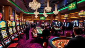 IDNSLOT gaming room filled with vibrant slot machines and excited players celebrating wins.