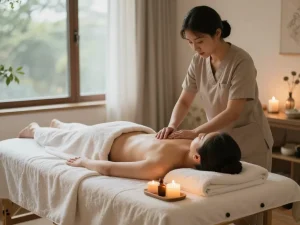 전문 치료사가 평화로운 가정 환경에서 출장안마를 제공하는 모습