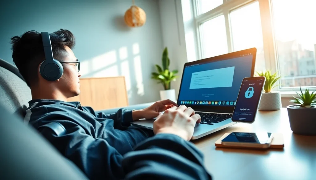 在现代工作空间中笔记本电脑和智能手机屏幕上显示的快连VPN界面。