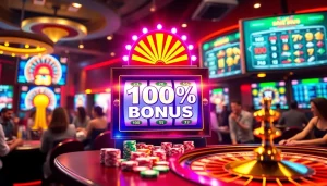 Rasakan aksi permainan yang mendebarkan dengan slot bonus 100 persen di kasino, menampilkan mesin slot yang berwarna-warni.