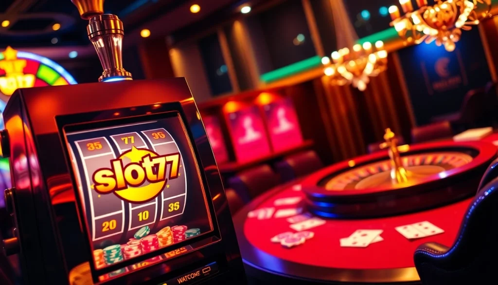 Excited player at slot777 slot machine in a vibrant casino atmosphere.