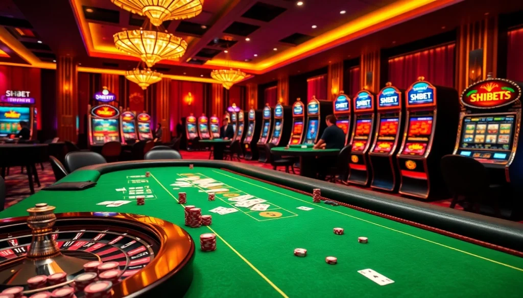 SHBET online casino interface showcasing thrilling gameplay with cards, chips, and a roulette wheel.