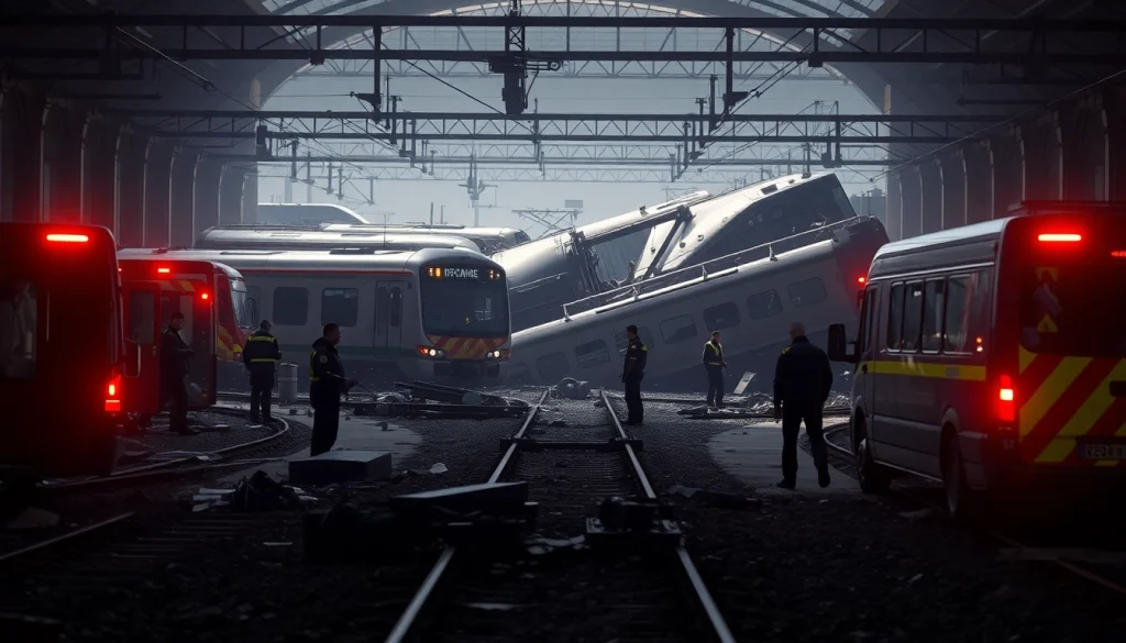 Emergency responders assess the spain train crash scene, showcasing a serious environment.