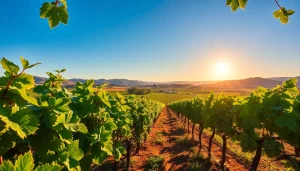 Clarksburg CA weather showcasing vineyards under a clear blue sky with rolling hills in the background.