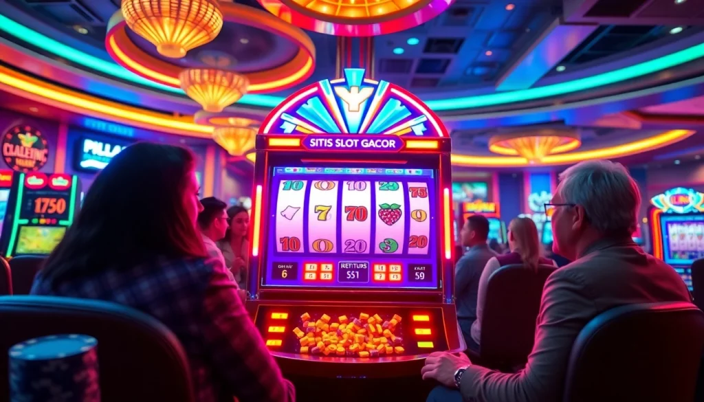 Players enjoying an exciting game at a situs slot gacor slot machine, with vibrant casino visuals.
