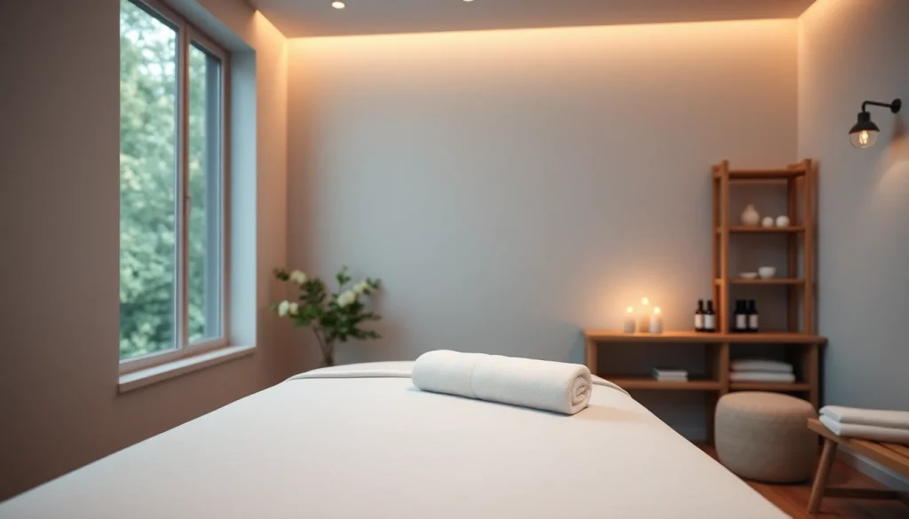 편안한 분위기와 진정 요소가 있는 휴식 마사지 치료실, 재충전을 위한 완벽한 공간.