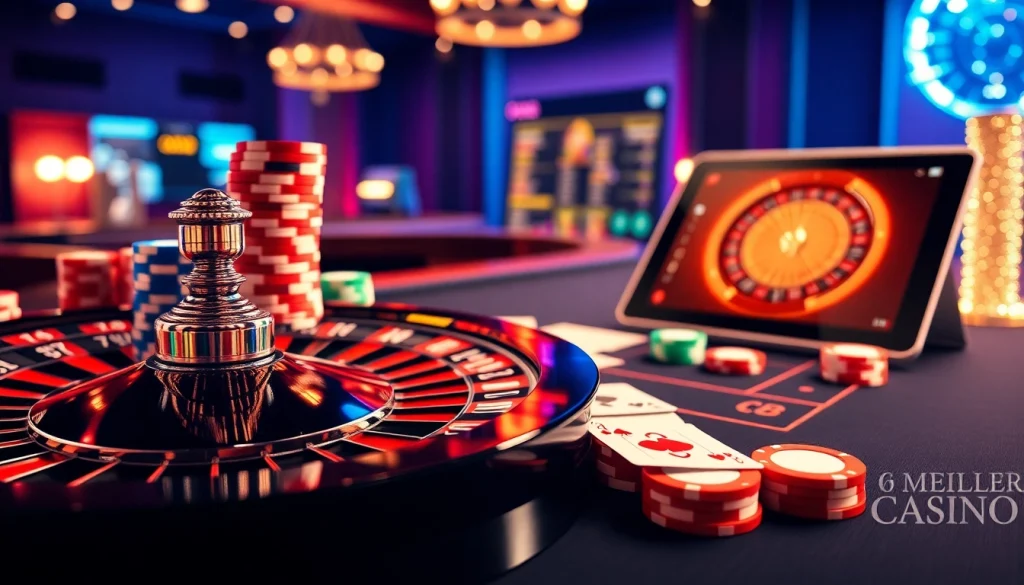 Vivez l'excitation du meilleur casino en ligne 2026 avec des jetons de poker colorés et une roue de roulette.