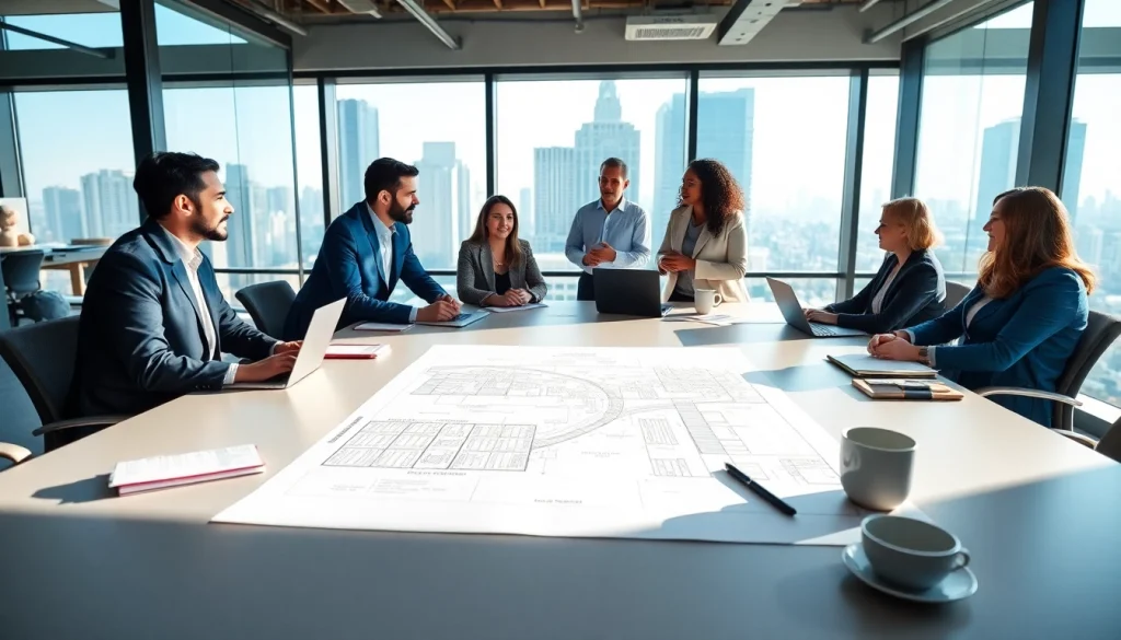 Engaged professionals discussing construction advocacy in a bright, modern office setting.