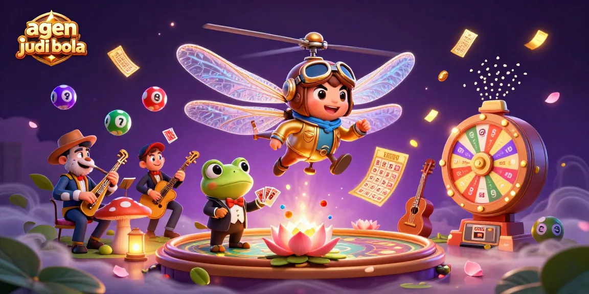 Agen judi bola showcases a lively casino scene with a dragonfly pilot, frog dealer, and jazz musicians.